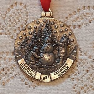 Vintage Pewter Christmas Ornament 1997 Country Woman Seasons Greeting